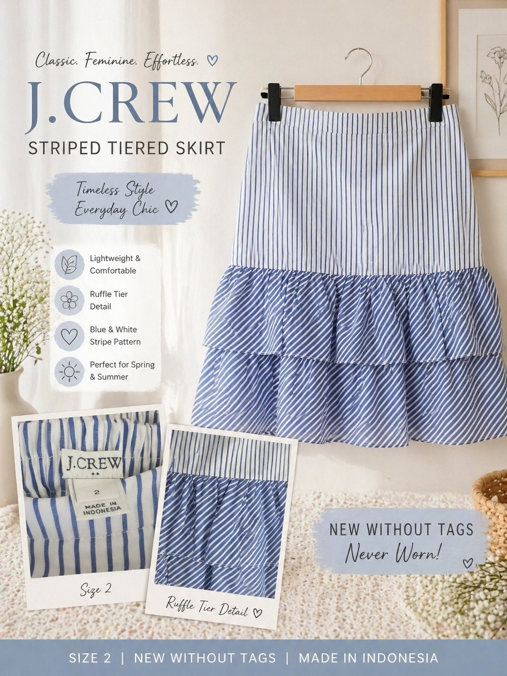 2for 25! J.Crew Blue & White Striped Tiered Ruffle Skirt